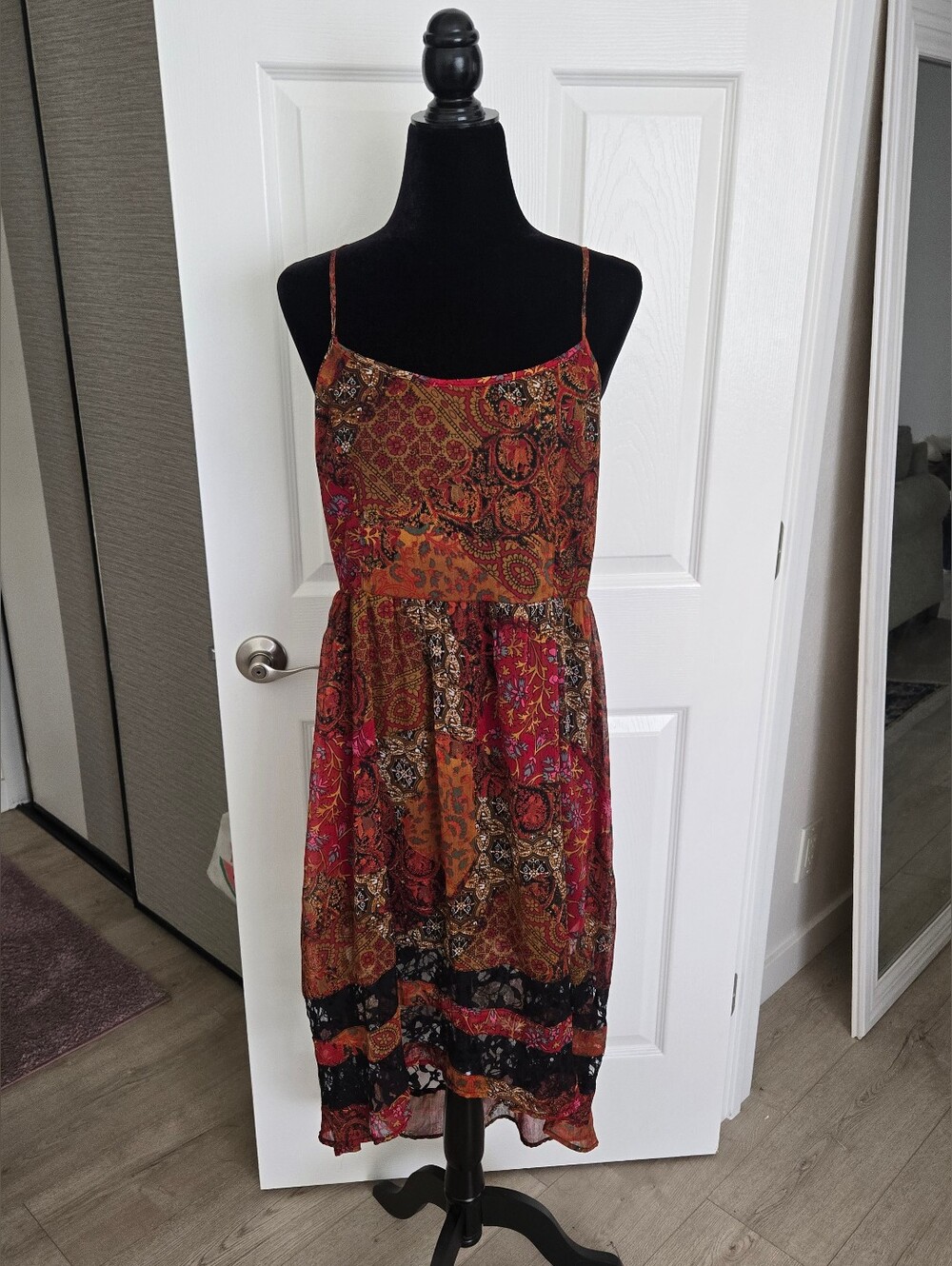 Band of Gypsies Brown and Red Floral Smocked Midi Dress